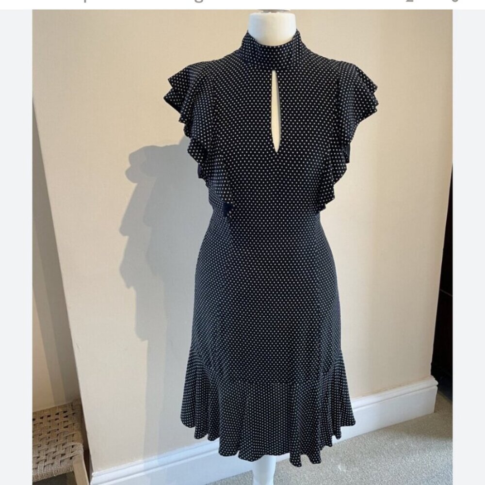 Karen Millen Black White Ruffle Keyhole Tie Neck Dress Size 6